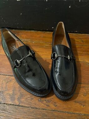 Franco Sarto Black Patent Leather Bit Loafers with Metal Horsebit